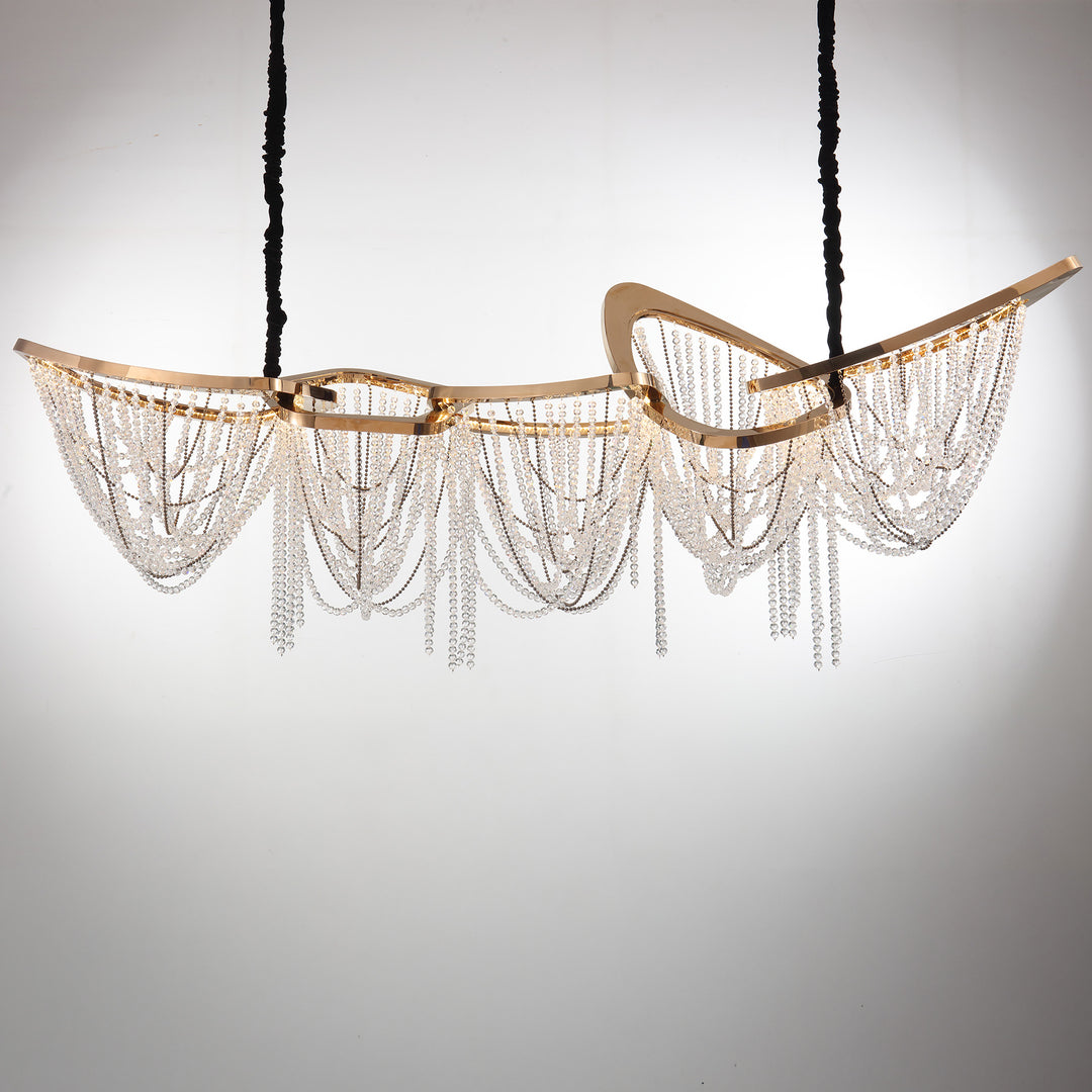 Lucretia Lighting close-up of the Starlit Grace 2000 gold frame and cascading crystal chain detailing