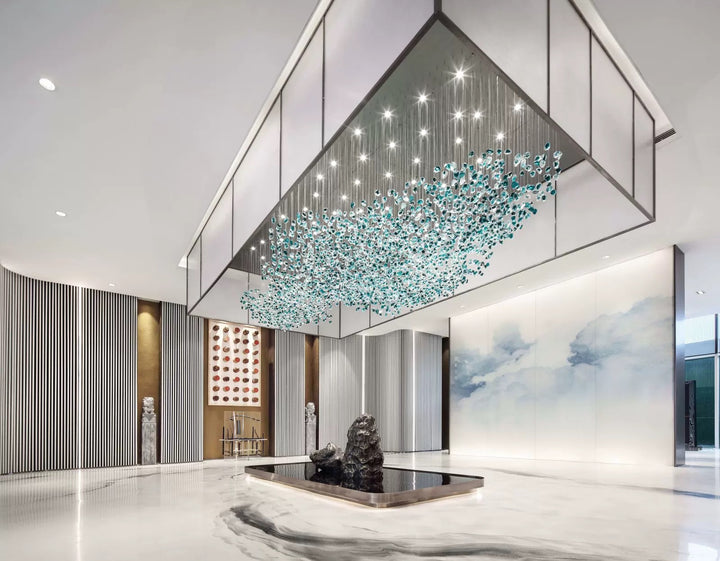 Lucretia Lighting StoneLuxe suspended stone sculpture as a bespoke feature in a modern reception area