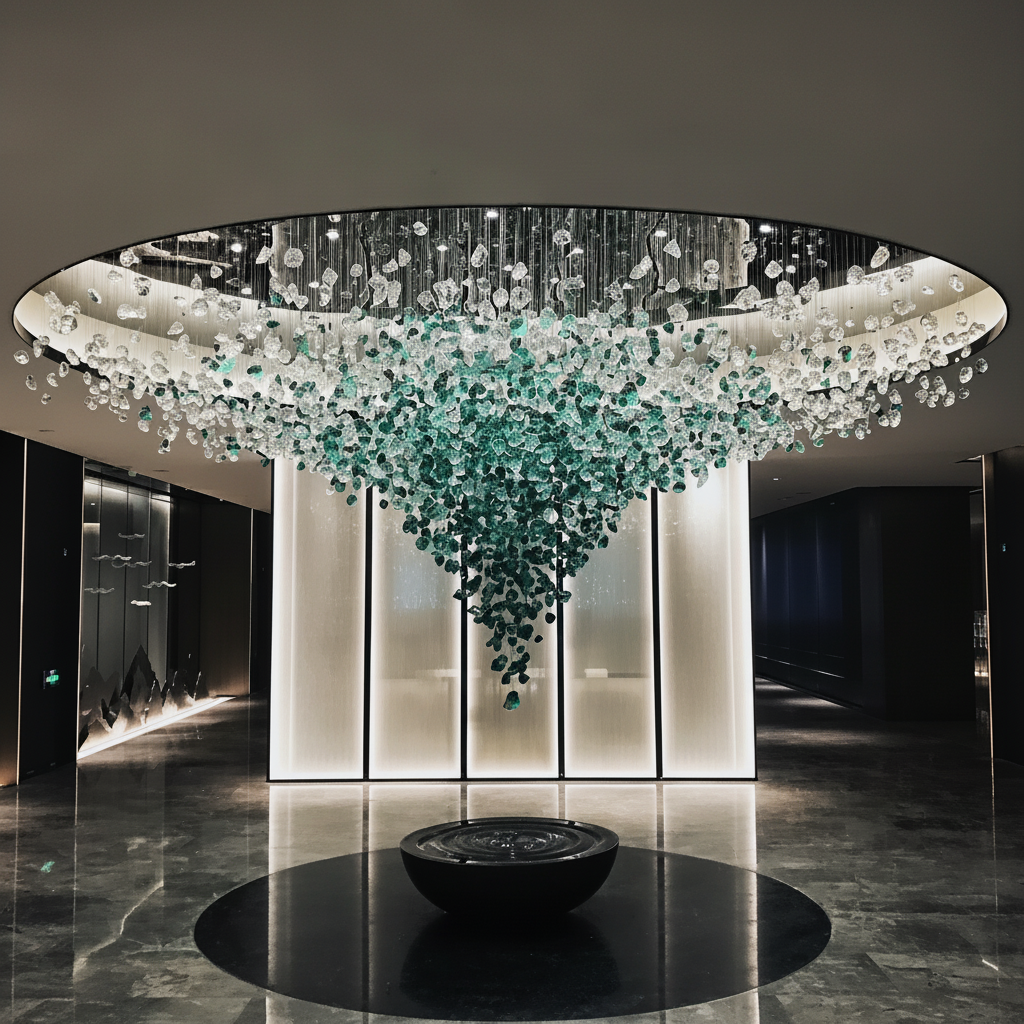 Lucretia Lighting StoneLuxe bespoke hanging stone sculpture installation in a luxury hotel lobby