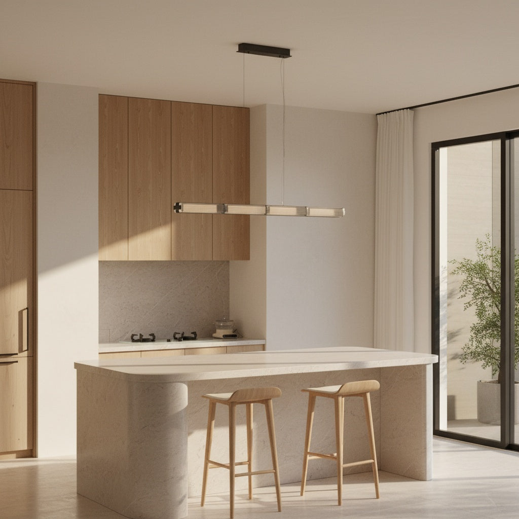 Striato 10 designer linear pendant light suspended over a wide dining table providing soft architectural lighting for contemporary living