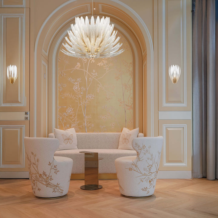 Sylphina Wall Light installed in luxury hallway feature wall, sculptural feather-glass LED wall lamp providing ambient decorative lighting