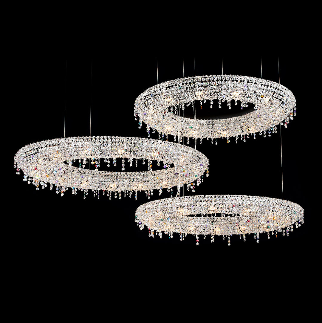 Lucretia Lighting Trinity Halo Chandelier Trio with three stacked crystal halo rings for luxury dining and living spaces