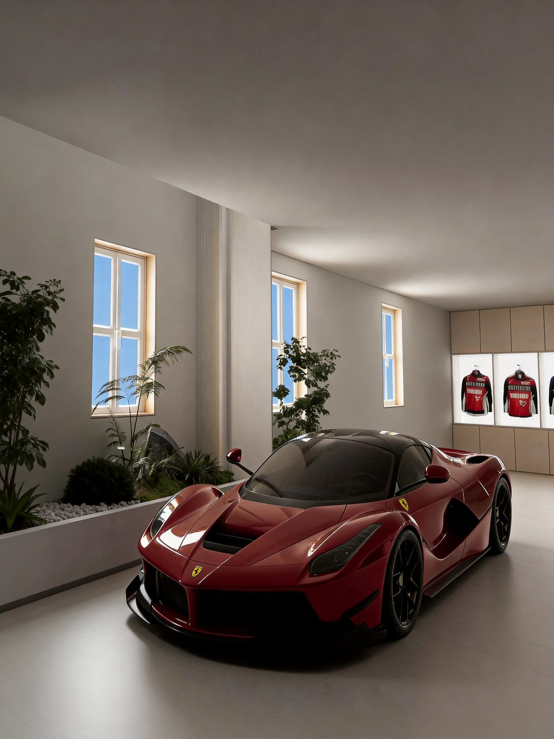 Lucretia Lighting U-Skylight LED sunlight simulation lighting illuminating a luxury garage showroom with natural daylight effect and custom architectural lighting