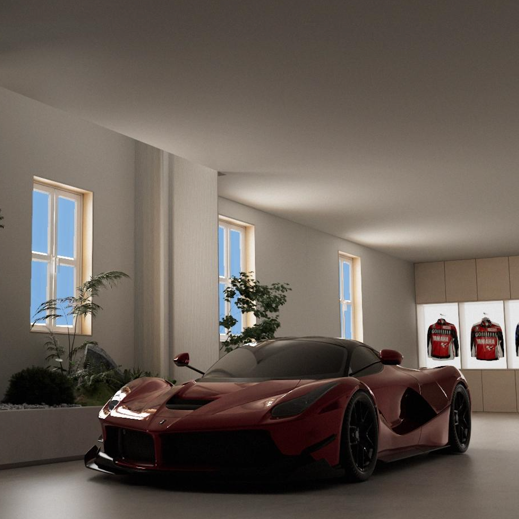 Lucretia Lighting U-Skylight LED sunlight simulation lighting illuminating a luxury garage showroom with natural daylight effect and custom architectural lighting