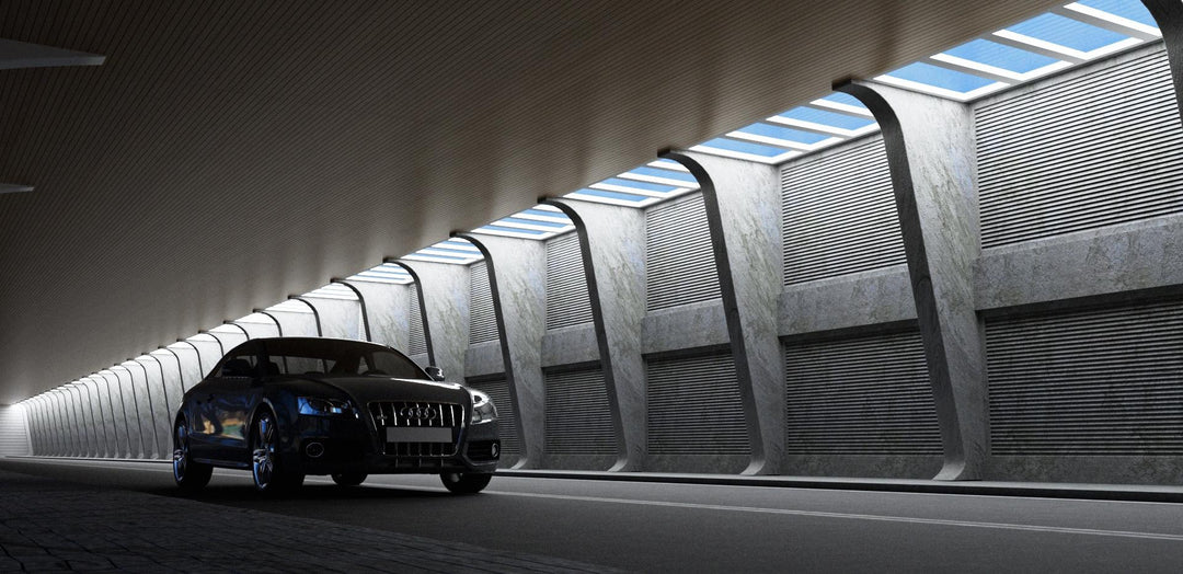 Lucretia Lighting U-Skylight sunlight simulation LED lighting illuminating an industrial tunnel driveway with natural daylight ambience
