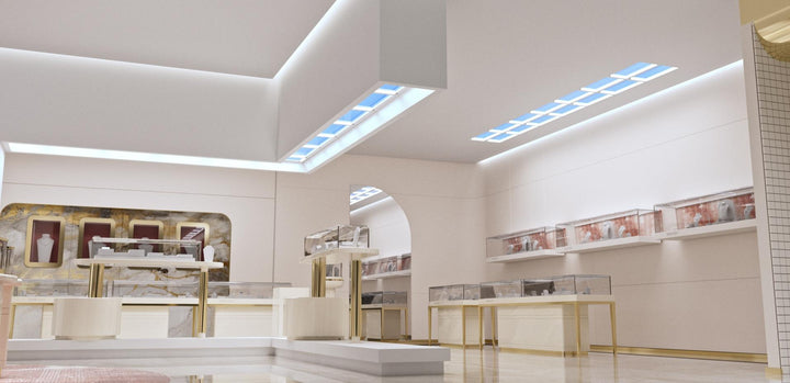 Lucretia Lighting U-Skylight LED sunlight simulation lighting enhancing a luxury retail store interior with natural daylight-style custom architectural illumination