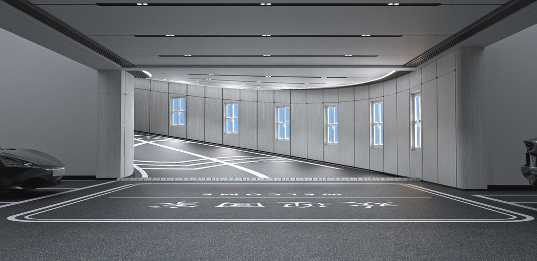 Lucretia Lighting U-Skylight LED sunlight simulation lighting providing bright natural daylight for a modern parking garage entry