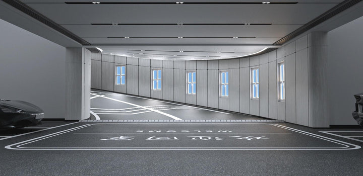 Lucretia Lighting U-Skylight LED sunlight simulation lighting providing bright natural daylight for a modern parking garage entry