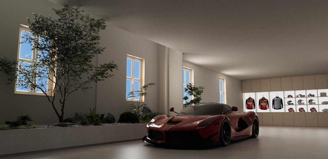Lucretia Lighting U-Skylight LED sunlight simulation lighting illuminating a private underground car collection garage with natural daylight-style architectural lighting