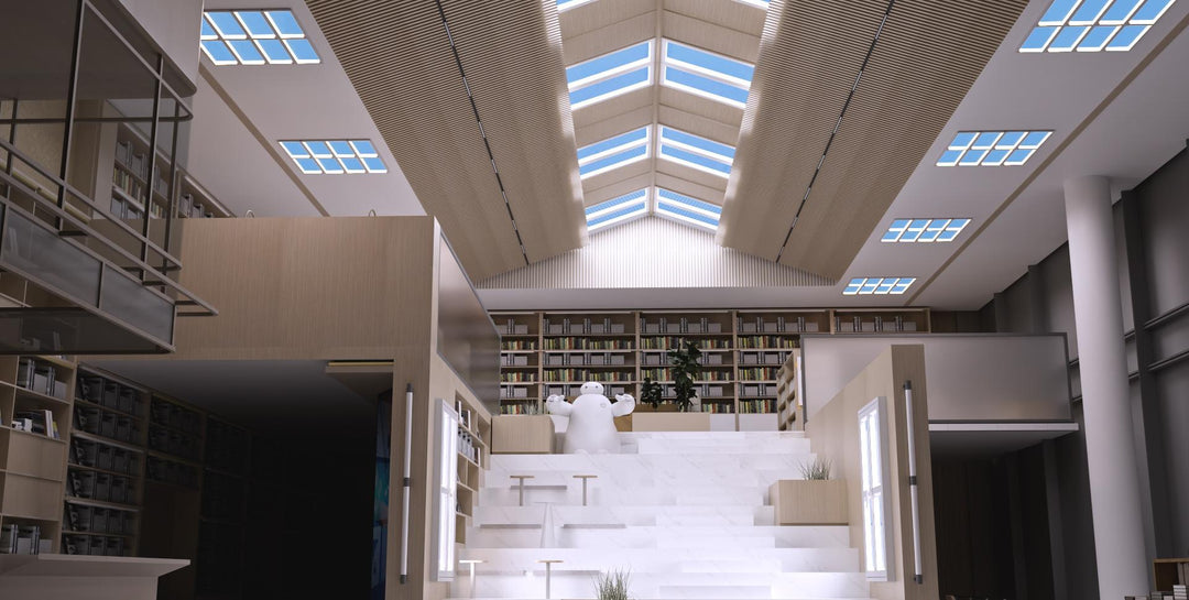 Lucretia Lighting U-Skylight LED sunlight simulation lighting brightening a staircase architectural space with soft natural daylight