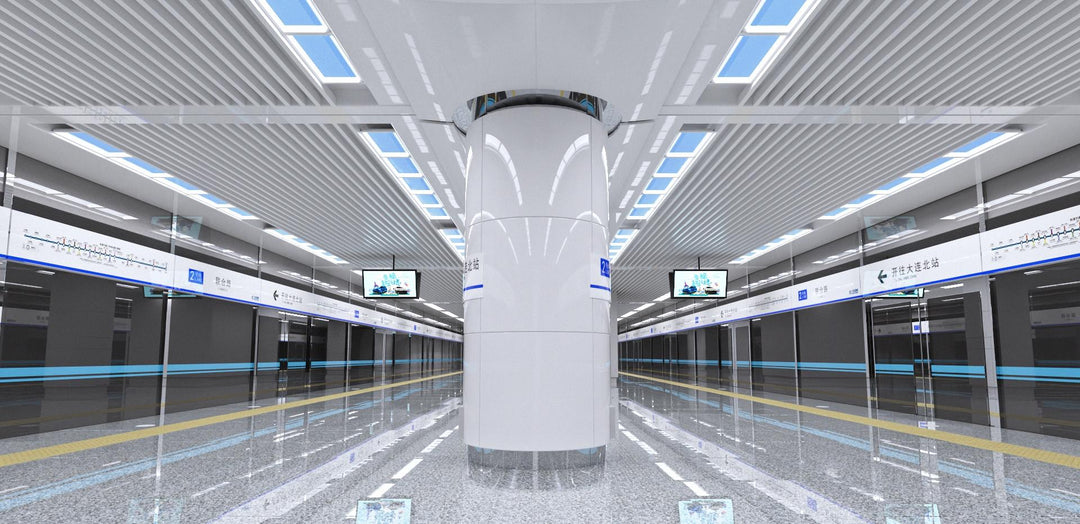 Lucretia Lighting U-Skylight LED sunlight simulation lighting illuminating a modern subway station with bright natural daylight-style architectural ceiling lighting