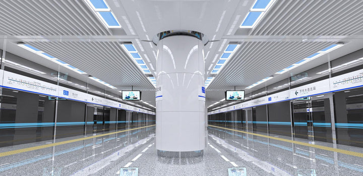 Lucretia Lighting U-Skylight LED sunlight simulation lighting illuminating a modern subway station with bright natural daylight-style architectural ceiling lighting