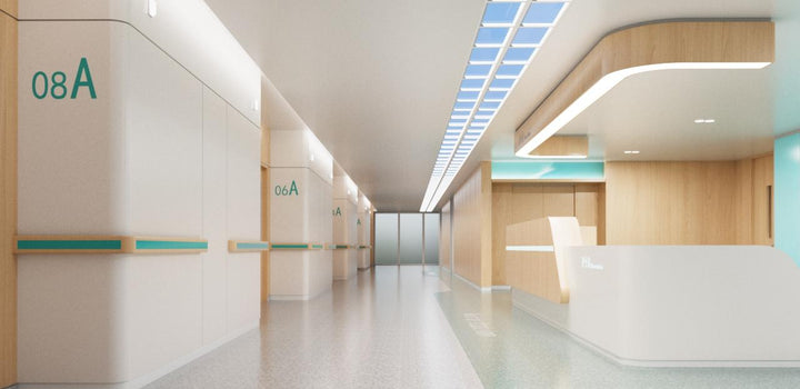 Lucretia Lighting U-Skylight LED sunlight simulation ceiling lighting brightening a hospital corridor with clean natural daylight effects