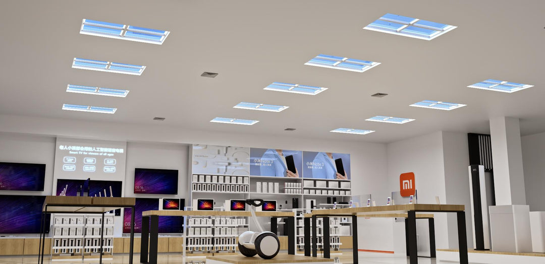 Lucretia Lighting U-Skylight sunlight simulation LED lighting illuminating a retail store interior with enhanced natural daylight ambience