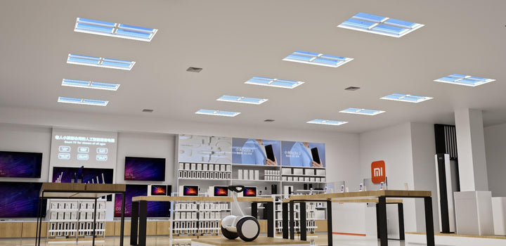 Lucretia Lighting U-Skylight sunlight simulation LED lighting illuminating a retail store interior with enhanced natural daylight ambience