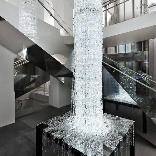 Lucretia Lighting Waterfall bespoke lighting grand atrium crystal chandelier for commercial void lighting applications