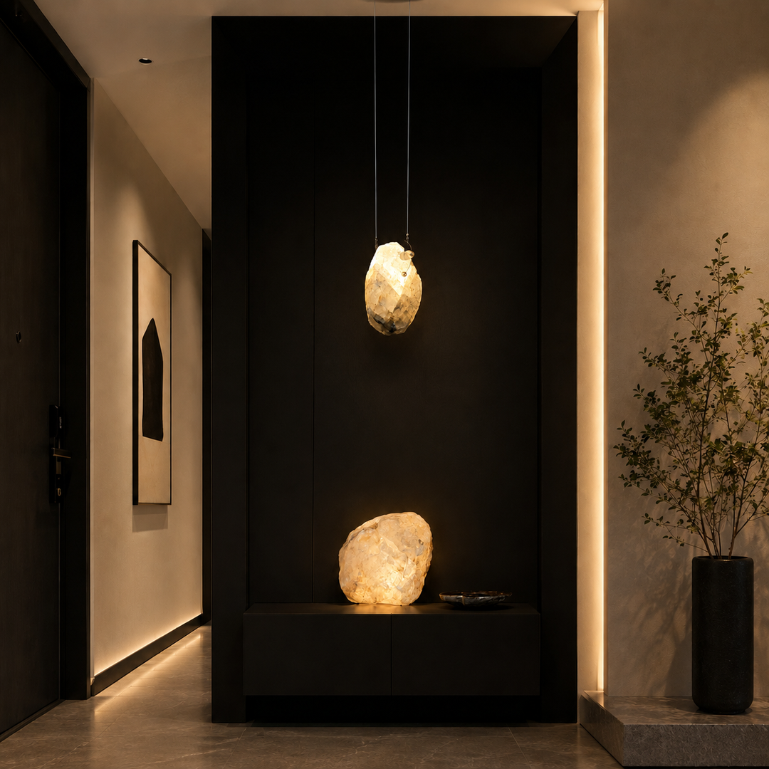 Luxury Brazilian crystal pendant light installed in a contemporary interior, creating a sculptural architectural statement.