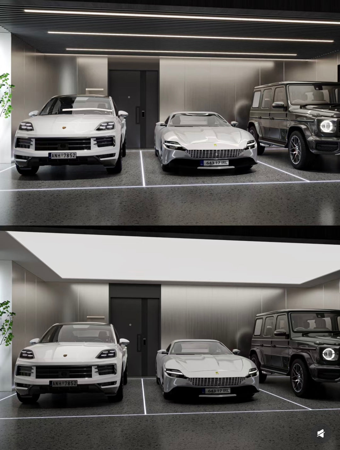 Lucretia backlit stretch ceiling enhancing a premium car showroom with reflective wall finishes.