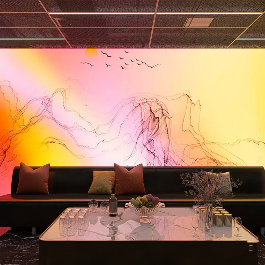 Lucretia printed LED fabric light box creating a warm themed backdrop for restaurants and lounge interiors.