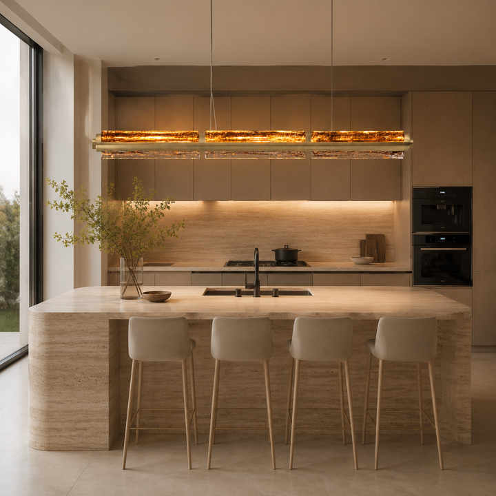 Running Water Horizon architectural linear pendant light above a luxury marble kitchen island in a contemporary home.