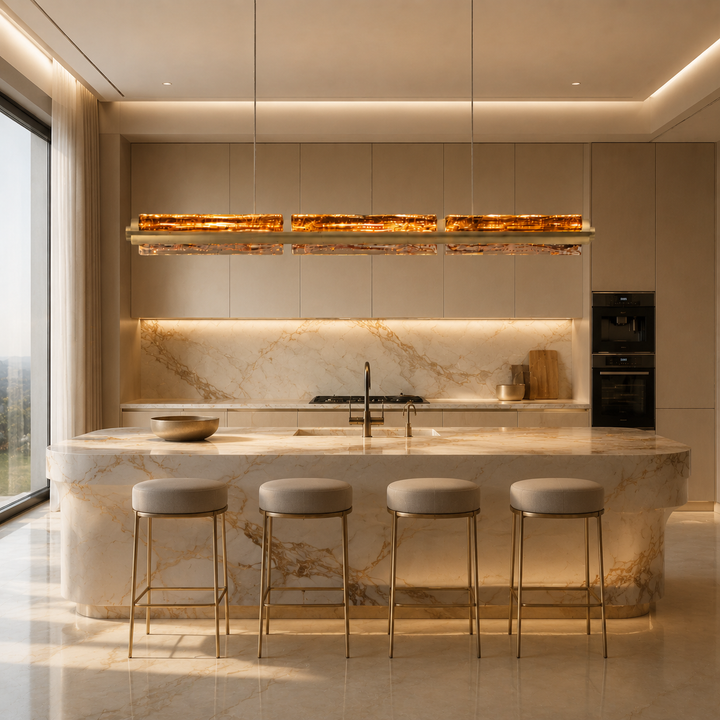 Custom Running Water Horizon linear pendant light illuminating an open-plan luxury kitchen with integrated LED architectural lighting.