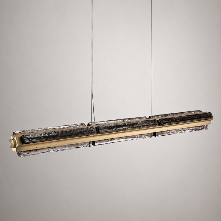 Running Water Horizon architectural linear pendant with smoked clear textured glass and brushed nickel finish.