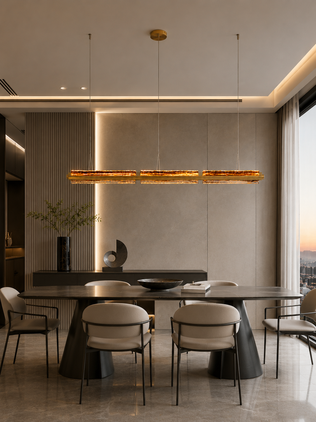 Running Water Horizon linear pendant creating architectural lighting above a dining table.