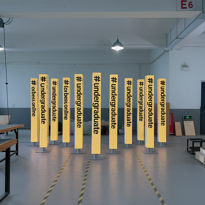 Custom tall tri-sided LED column display with P2.5 panels for indoor digital signage