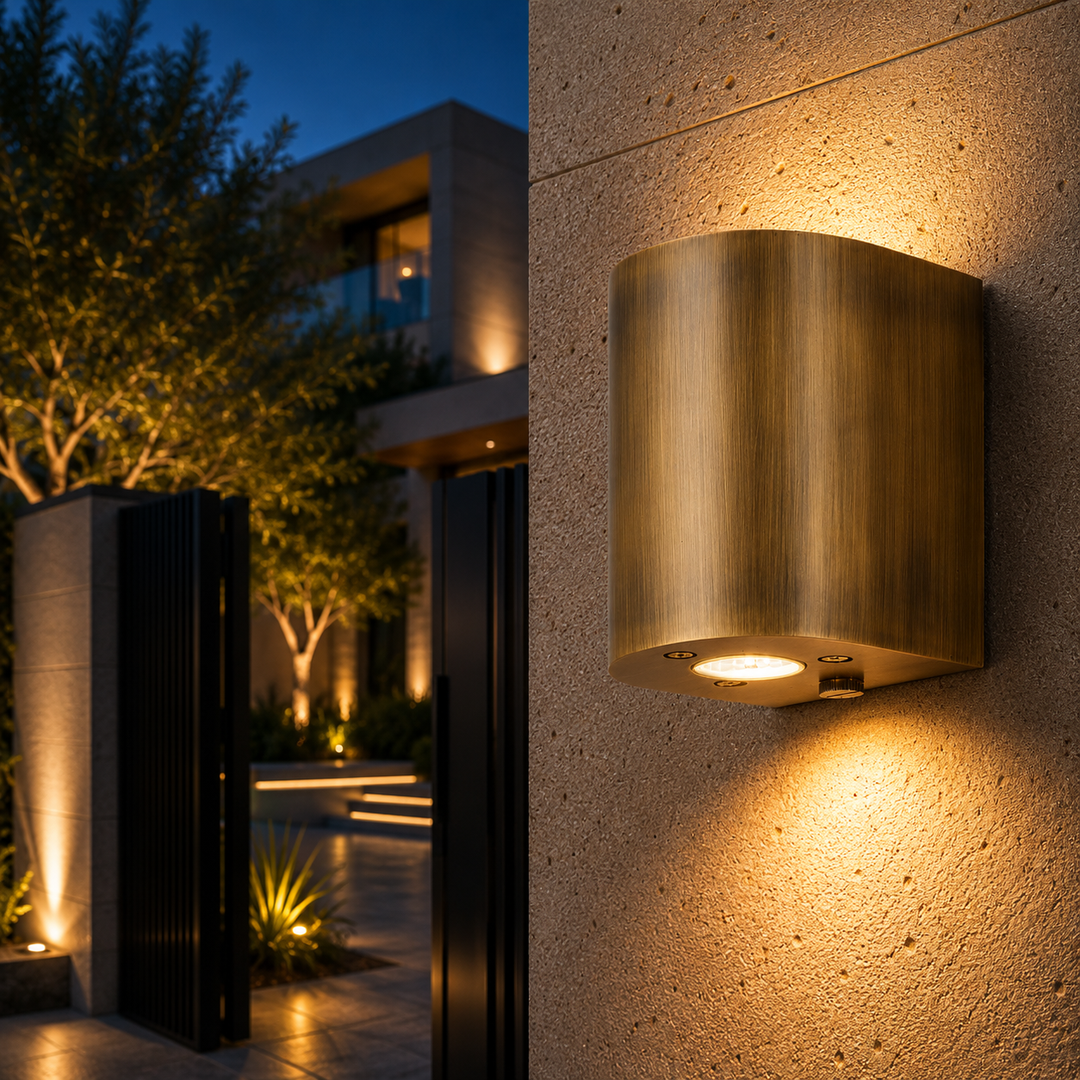 Solid brass cylinder outdoor wall light mounted beside a modern entrance, illuminating a luxury residential exterior with warm architectural lighting.