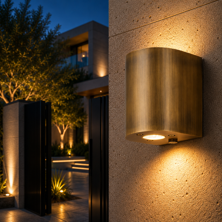 Solid brass cylinder outdoor wall light mounted beside a modern entrance, illuminating a luxury residential exterior with warm architectural lighting.