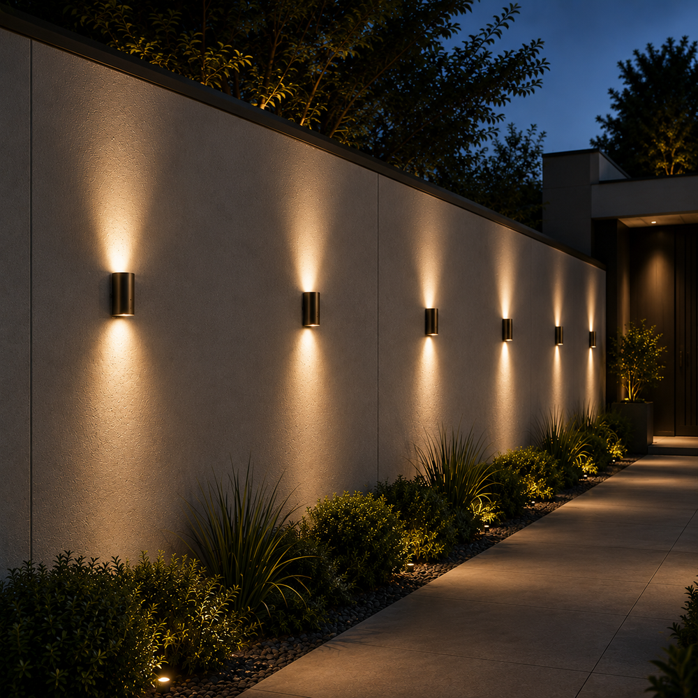 Solid brass cylinder outdoor wall lights installed along a modern garden pathway, creating warm architectural up and down lighting.