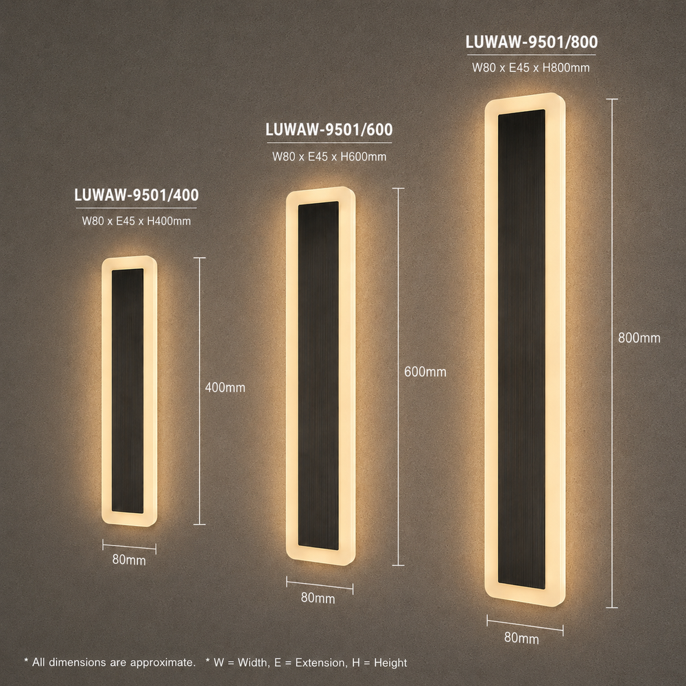 Dimension guide for the Lucretia Solid Brass Modern Outdoor Wall Light showing 400mm, 600mm and 800mm size options with overall width, projection and height measurements.