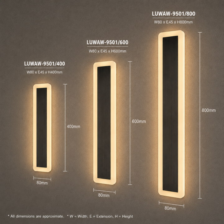 Dimension guide for the Lucretia Solid Brass Modern Outdoor Wall Light showing 400mm, 600mm and 800mm size options with overall width, projection and height measurements.