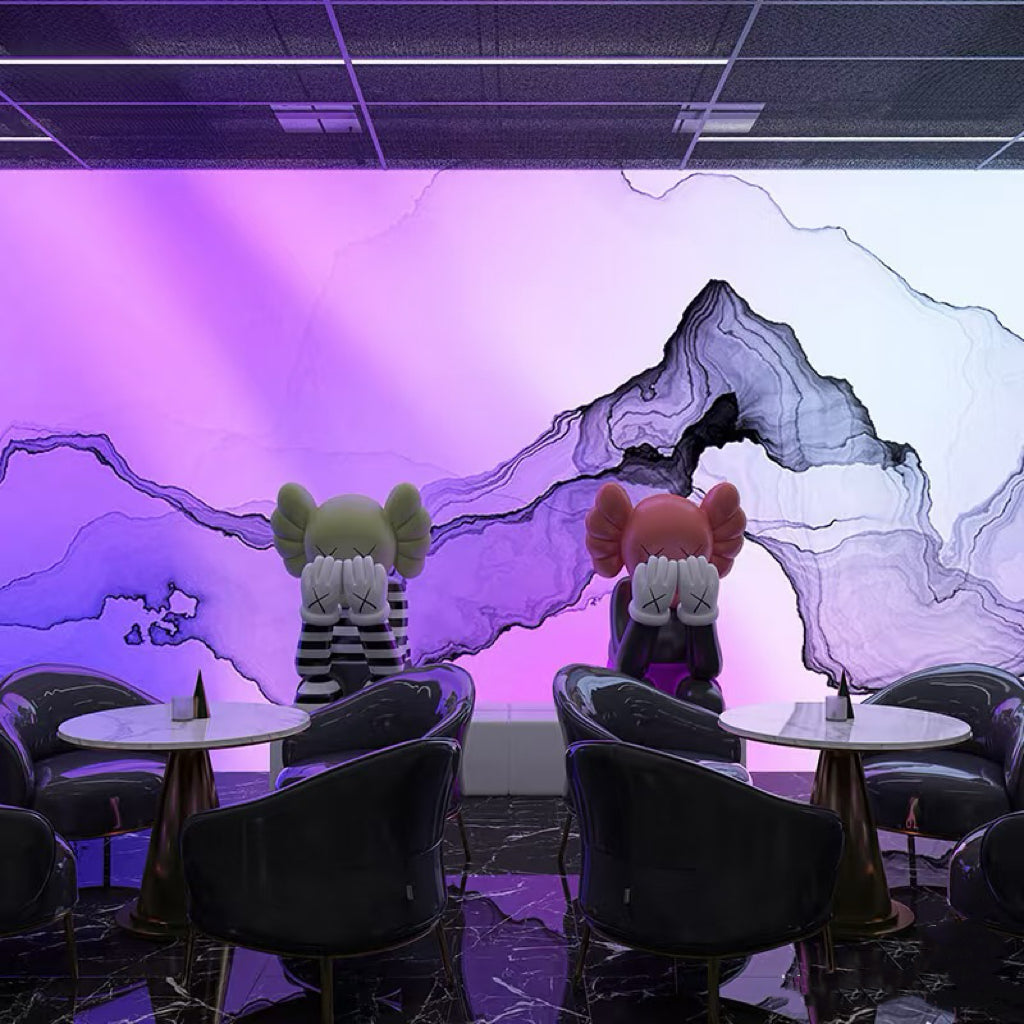 Lucretia themed LED backlit fabric panel with landscape graphics delivering an immersive dining wall feature.