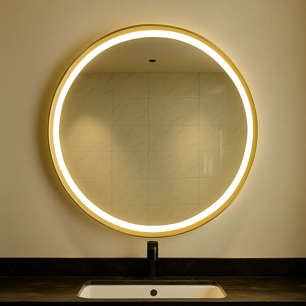 Luna Circo round tricolour LED mirror installed in a bathroom with soft front-lit illumination.