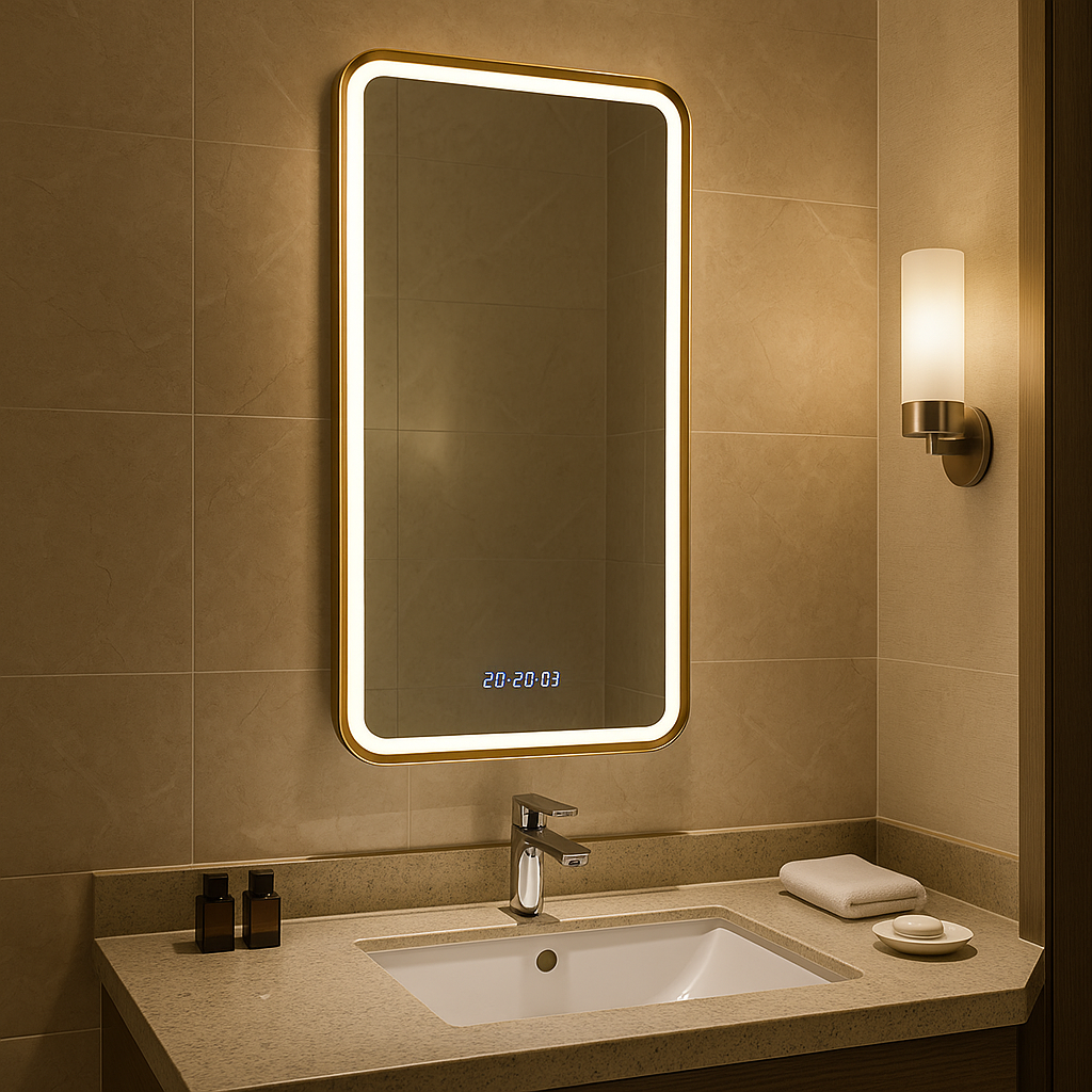 Luna Recto tricolor LED mirror installed in a bathroom with front-lit illumination and touch controls.