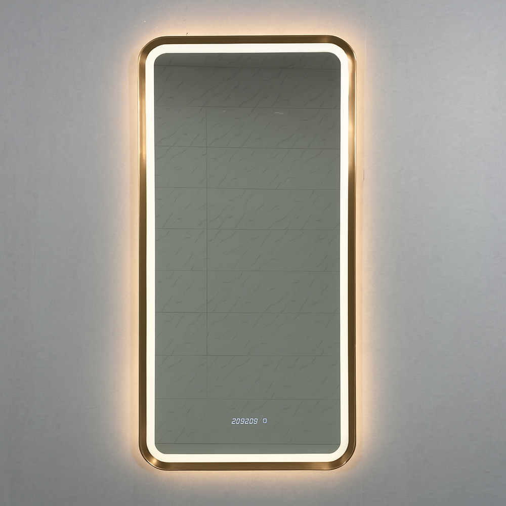 Luna Recto rectangular LED mirror with tricolour lighting and anti-fog digital display.