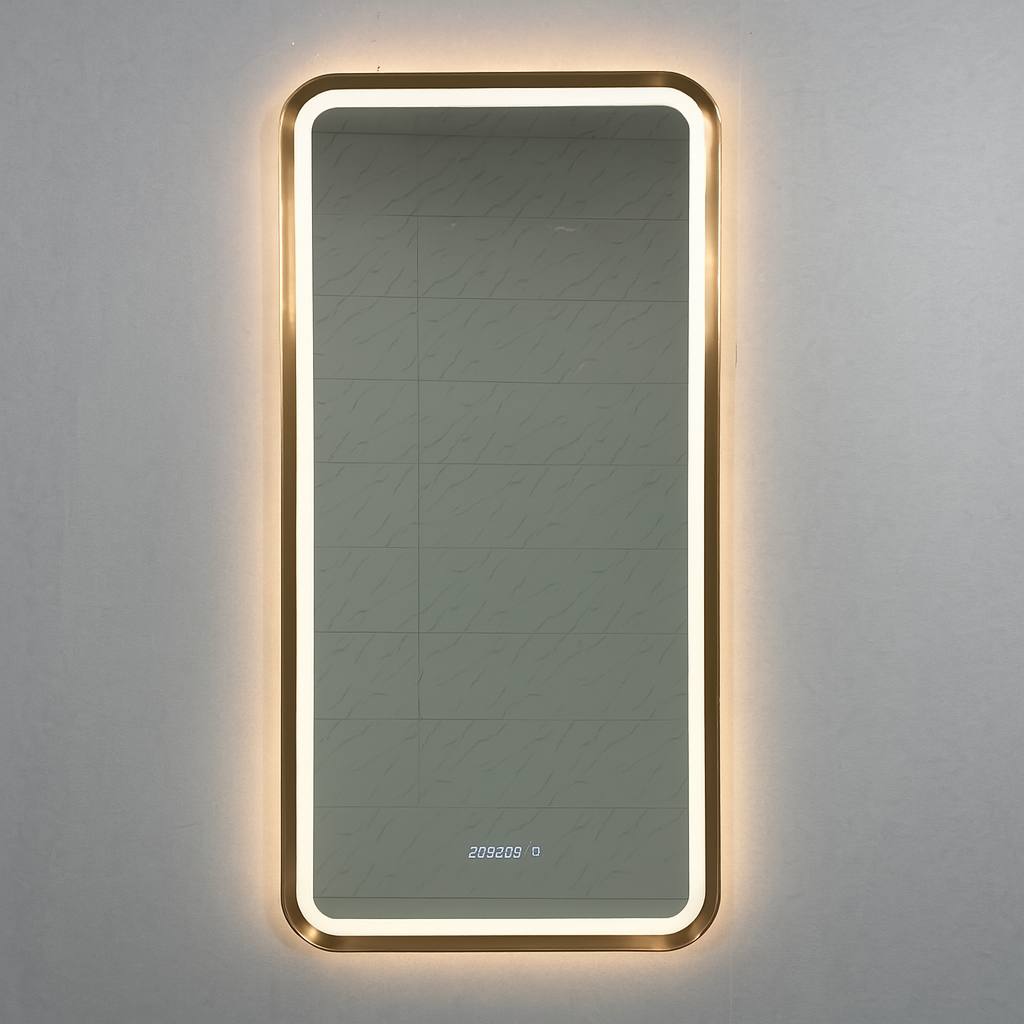 Luna Recto rectangular LED mirror with tricolour lighting and anti-fog digital display.