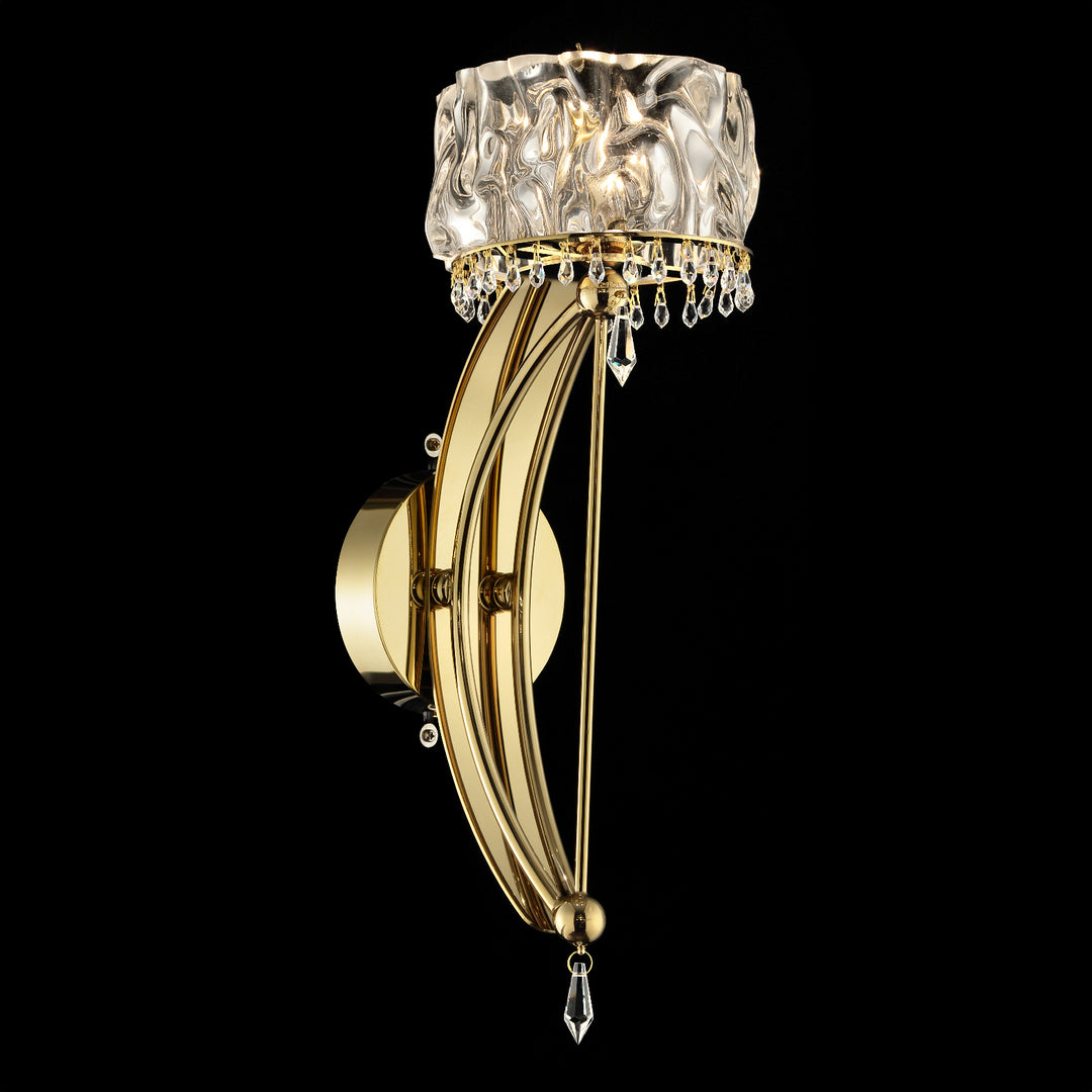 Luxe Di Lusso wall lamp in gold with sculpted crystal glass shade, designer LED wall light for modern luxury interiors, hallway and bedroom wall lighting