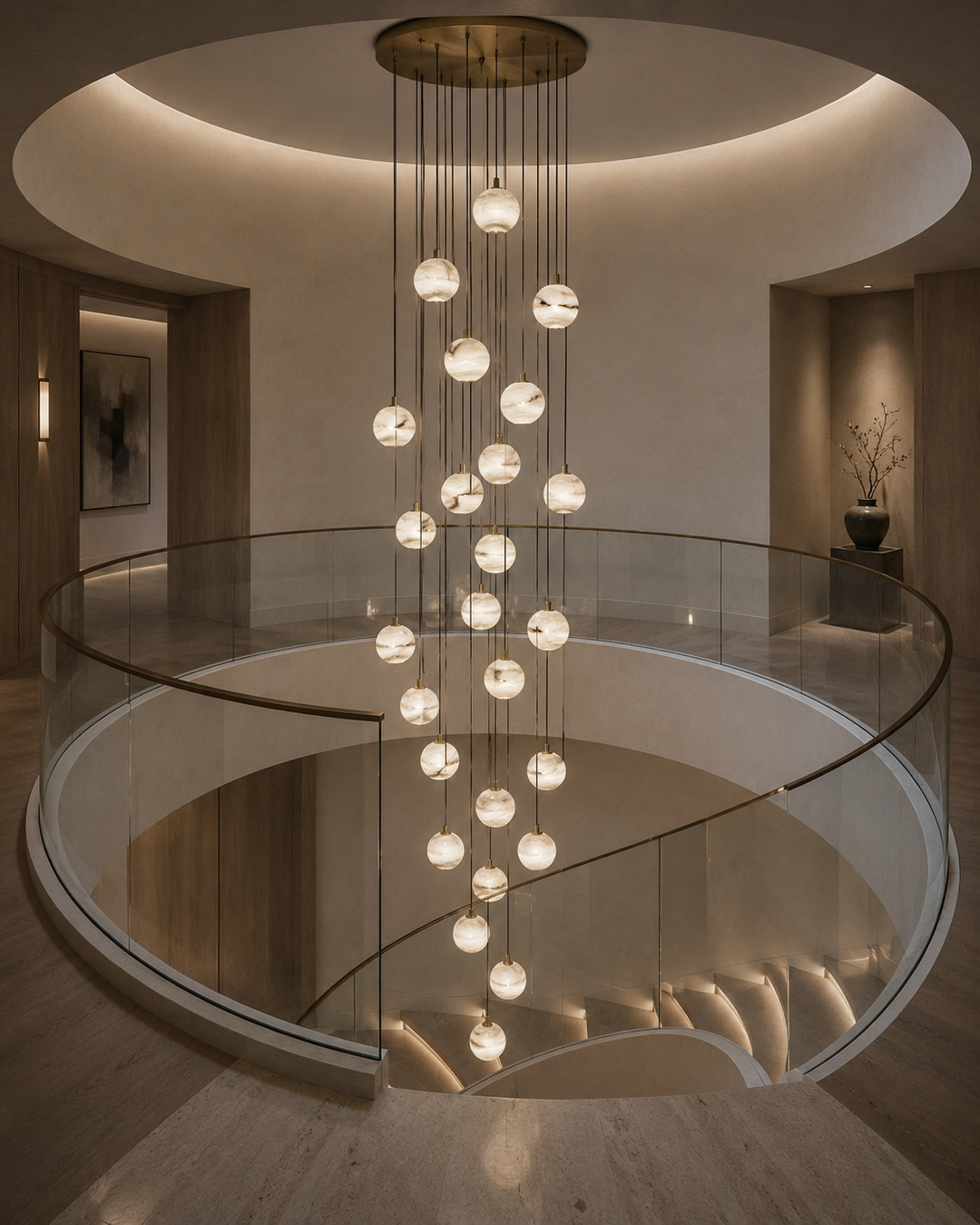 Luxury alabaster staircase chandelier featuring handcrafted natural stone pendant lights cascading through a circular stair void in a contemporary private residence with architectural lighting design.