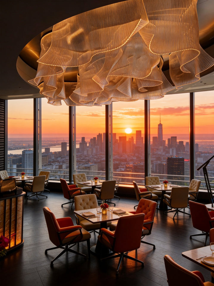 Luxury bespoke pendant lighting featured in a modern restaurant dining interior with panoramic city views and architectural lighting design.