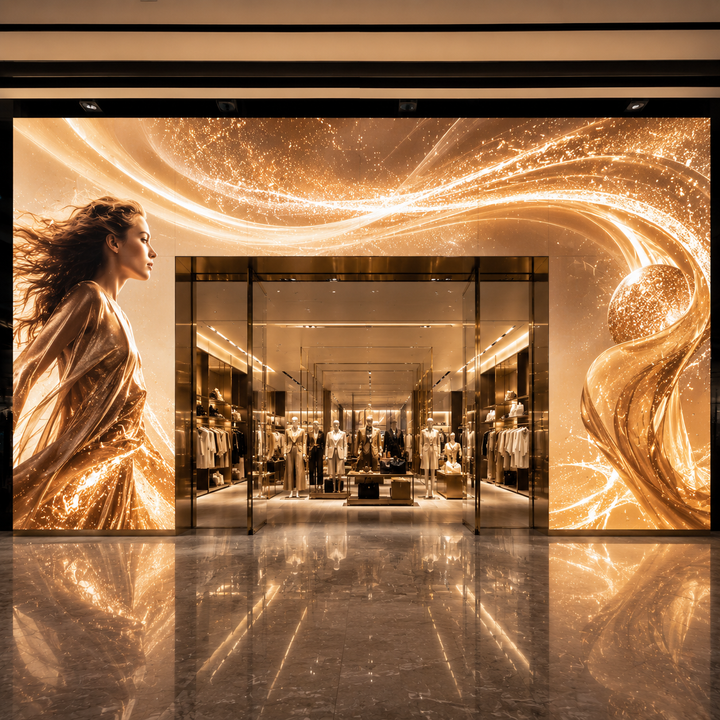 Luxury retail LED display integrated into a flagship store entrance with high-resolution digital branding content