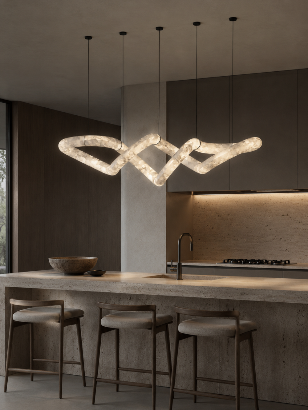 Luxury Spanish alabaster linear pendant light illuminating a modern kitchen island with bespoke architectural lighting.
