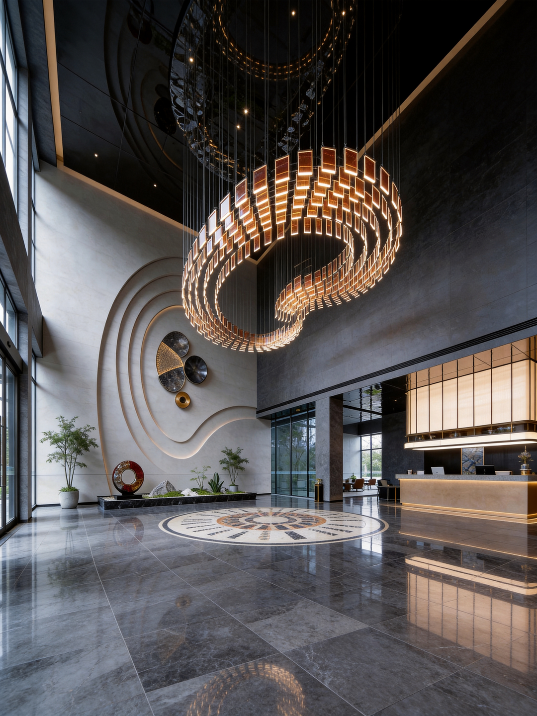 Luxury spiral pendant light suspended in a modern commercial interior with bespoke architectural lighting design.