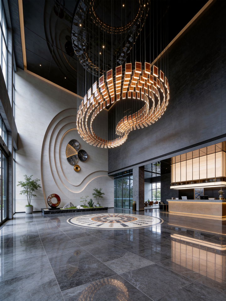 Luxury spiral pendant light suspended in a modern commercial interior with bespoke architectural lighting design.