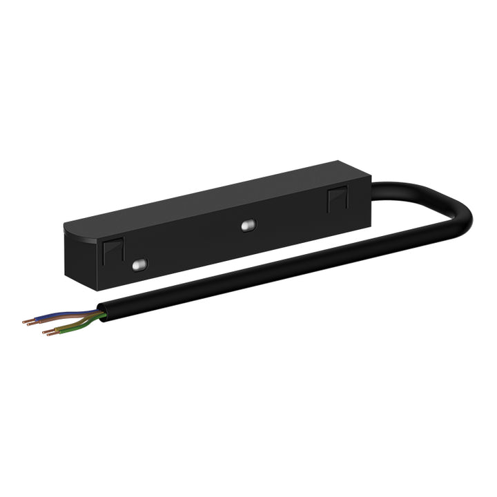 Magnetic track light DC48V power input connector in black, designed to connect external LED driver to magnetic track system for stable low-voltage power supply
