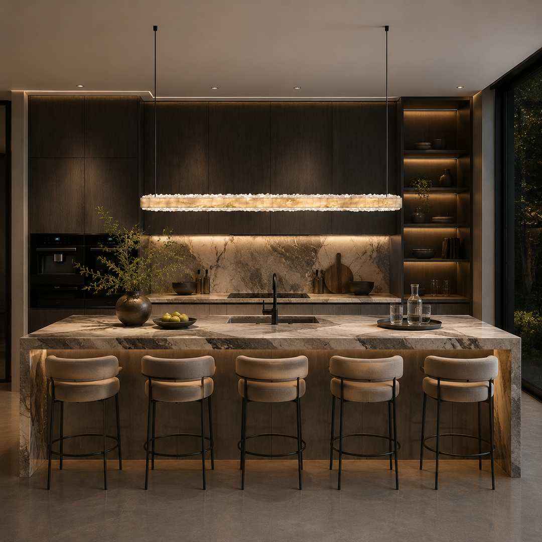 Luxury marble and crystal linear pendant light above a kitchen island, handcrafted LED suspension lighting for modern kitchens, dining spaces and contemporary luxury interiors.