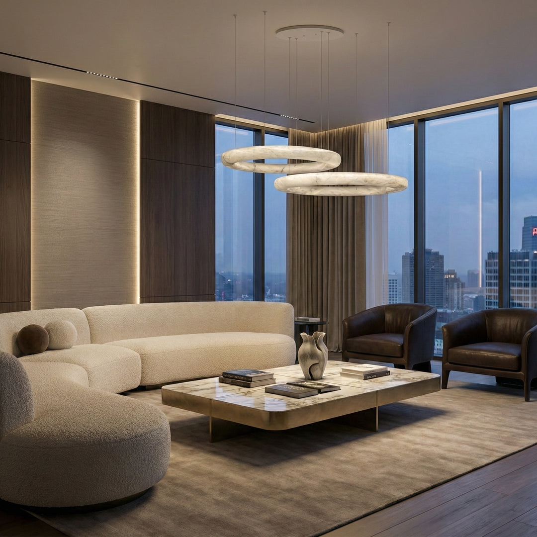 Modern marble ring chandelier in luxury living room with warm LED lighting – Aurelia