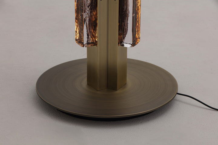 Metal base detail of designer hand-blown glass table lamp Running Water Trio