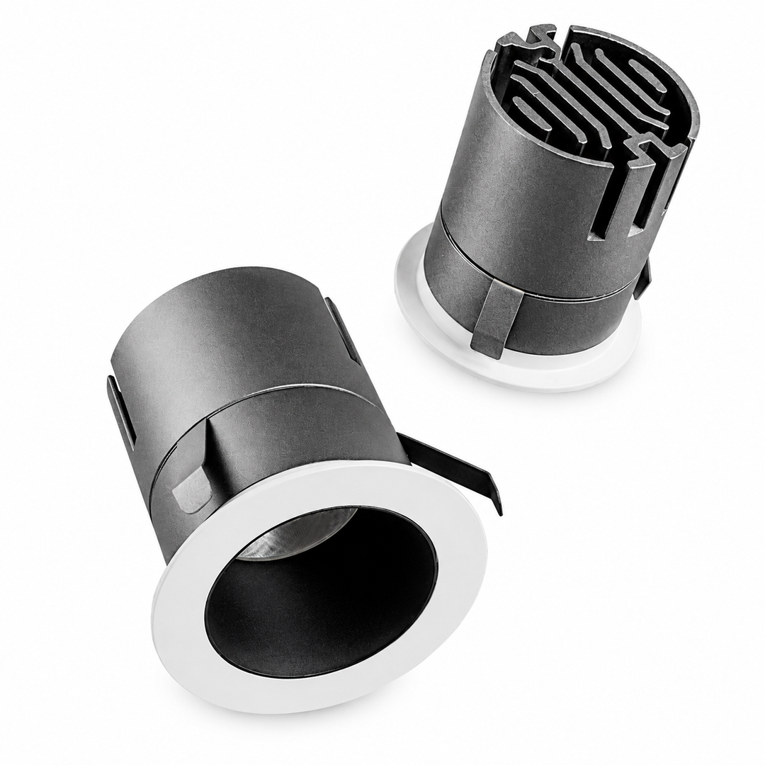 MICRO Series architectural mini LED downlights showcasing the compact recessed design and precision die-cast aluminium construction.